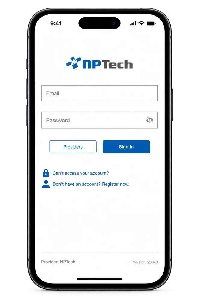 The SmartHub sign-in screen on a phone, showing the NPTech logo with email and password fields